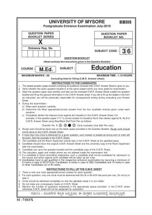 Mysore University PG Entrance Exam 2019: Education Question Paper