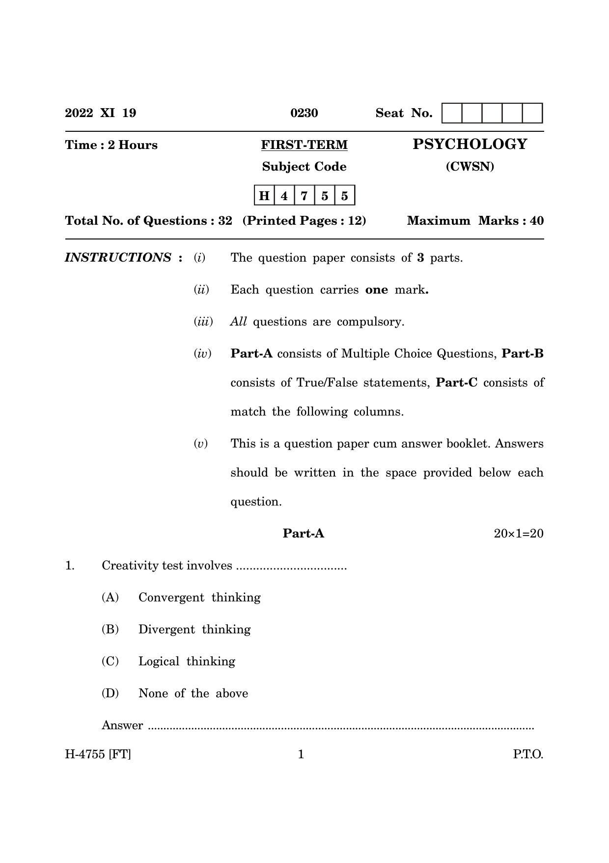 Goa Board Class 12 Psychology (CWSN) (November 2022) Question Paper - Page 1