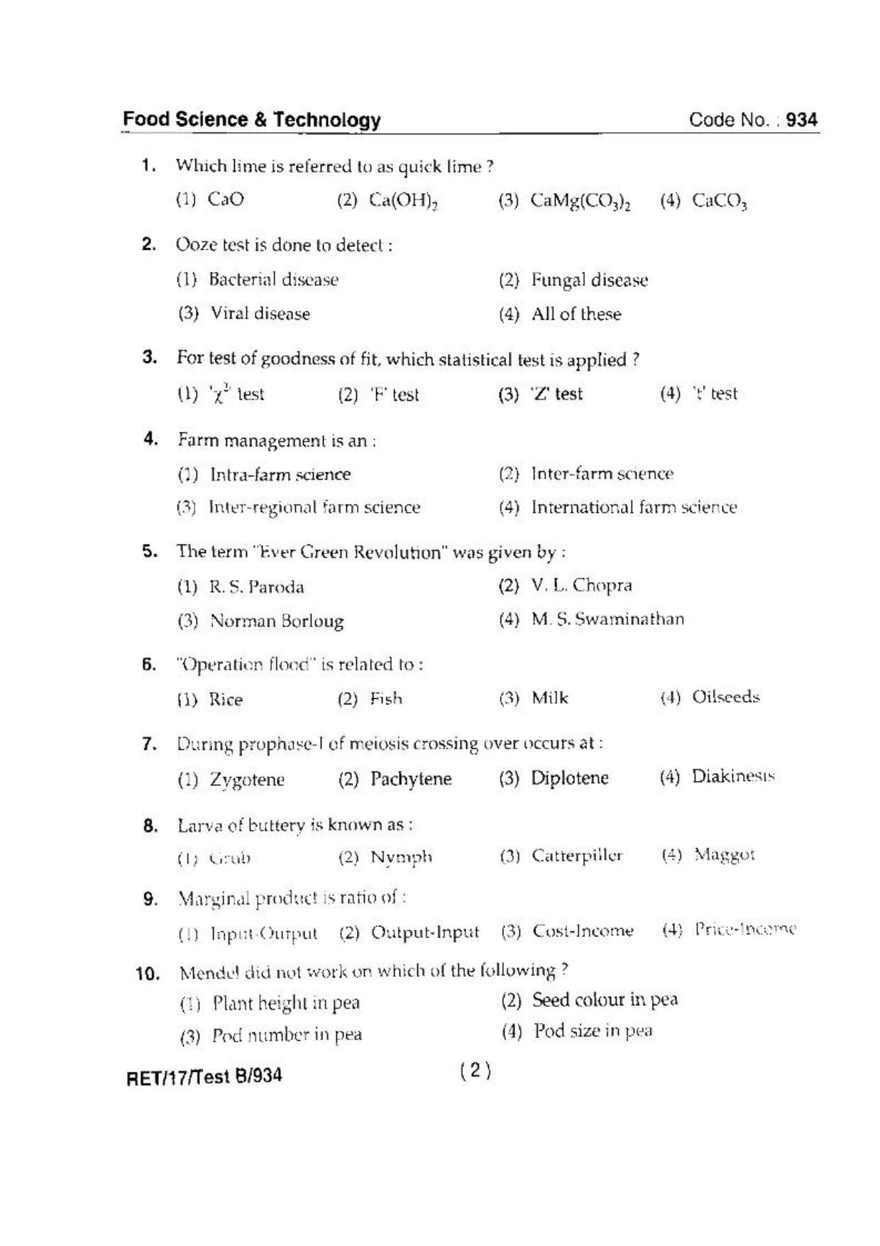 BHU RET(Agriculture) Food & Technology 2017 Question Paper - Page 4