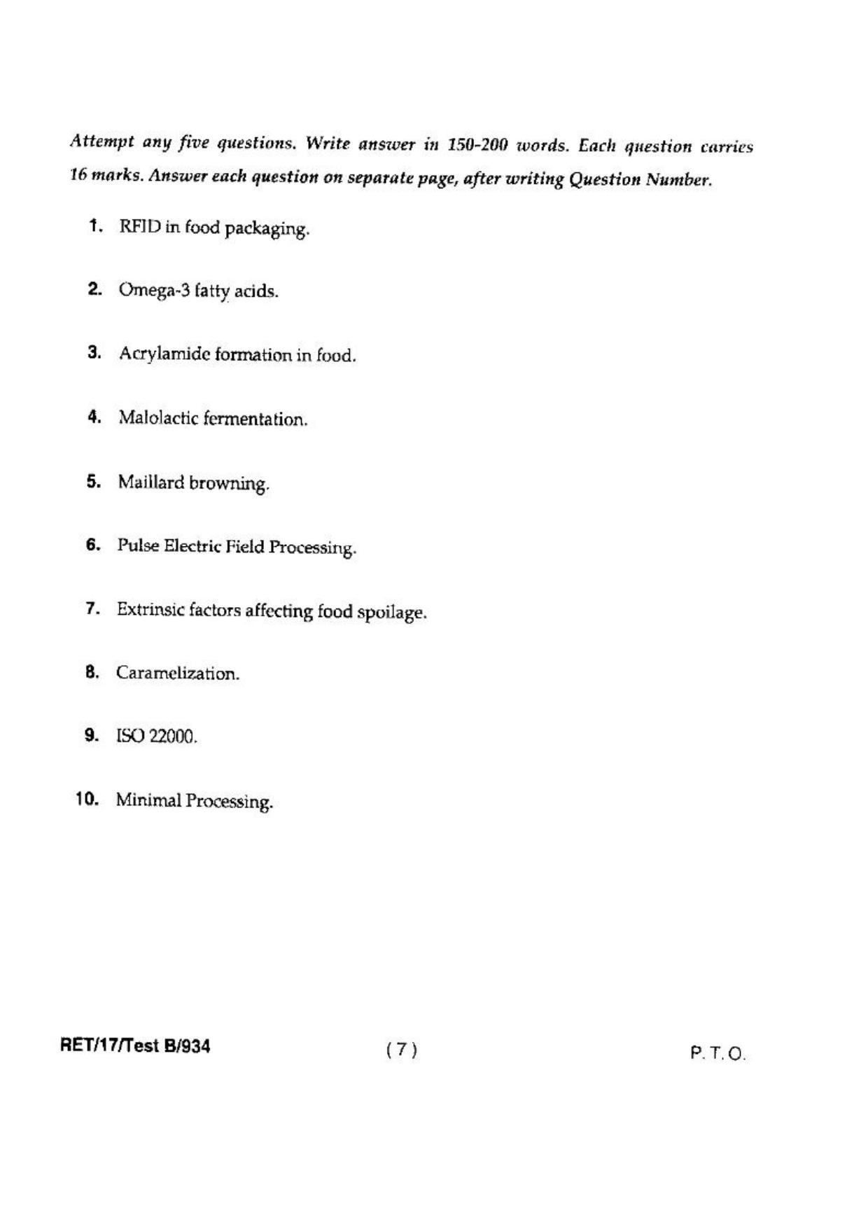 BHU RET(Agriculture) Food & Technology 2017 Question Paper - Page 9