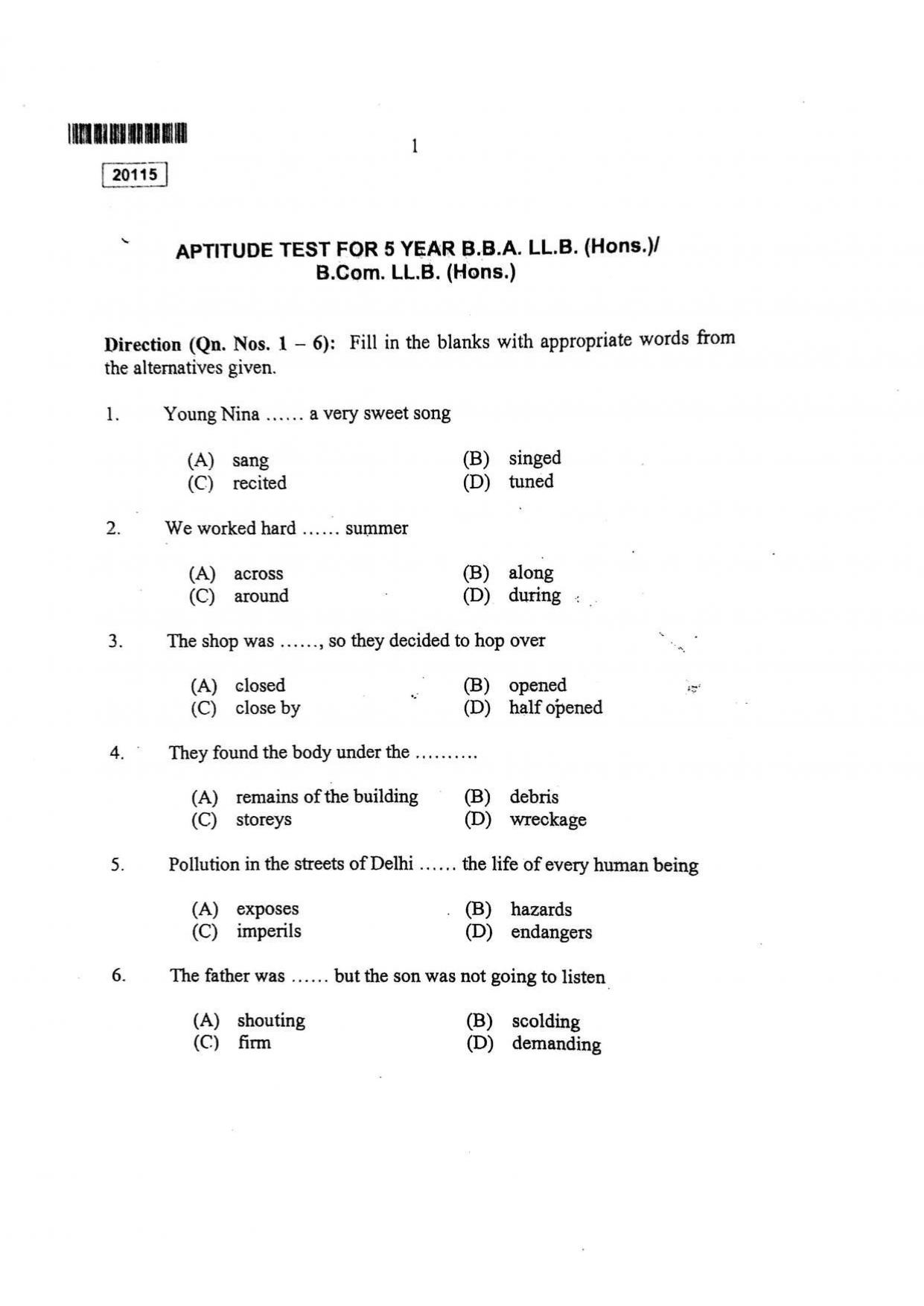 CUSAT CAT 2015 BBA & LLB (Hons) Question Paper - Page 2