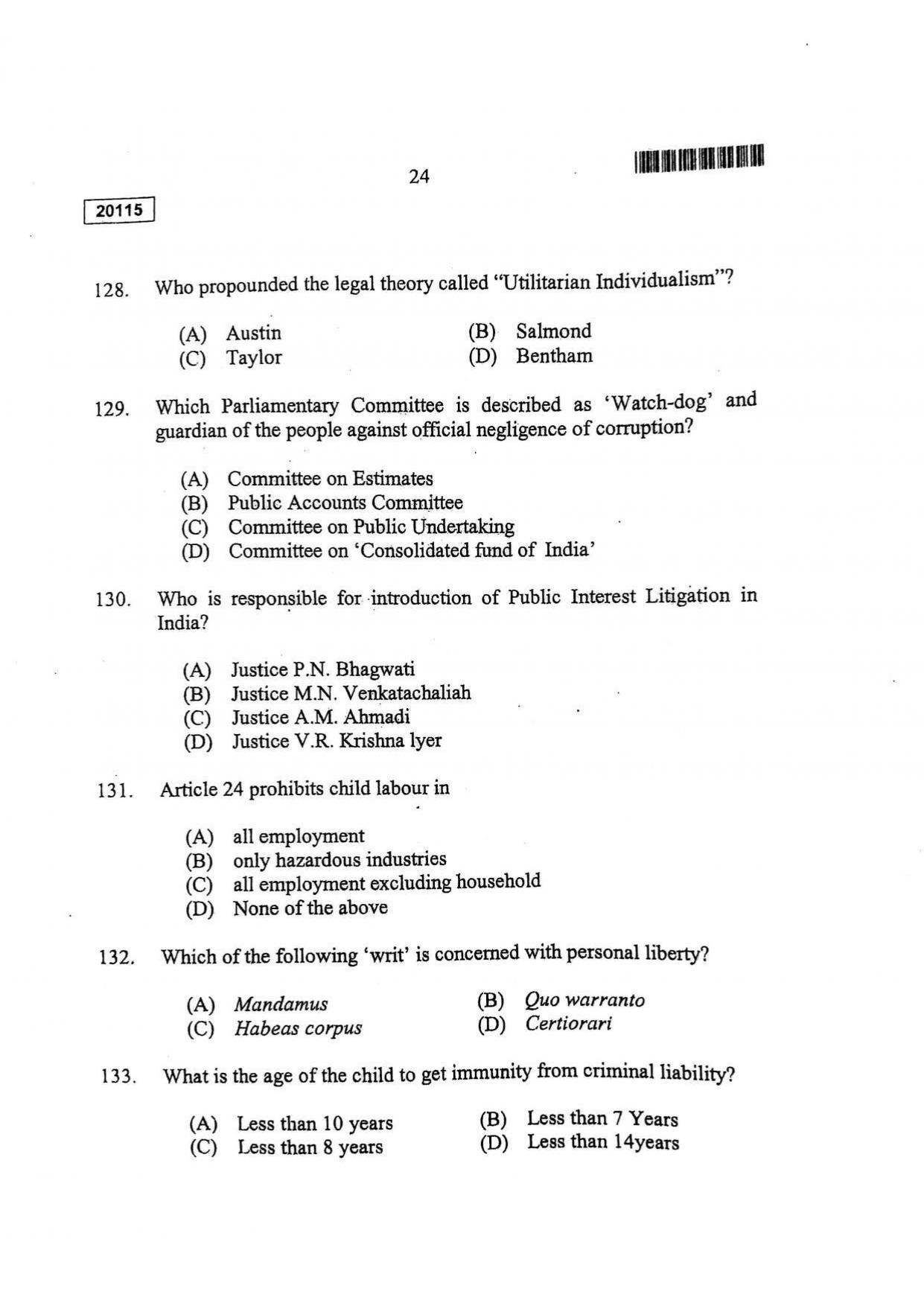 CUSAT CAT 2015 BBA & LLB (Hons) Question Paper - Page 25