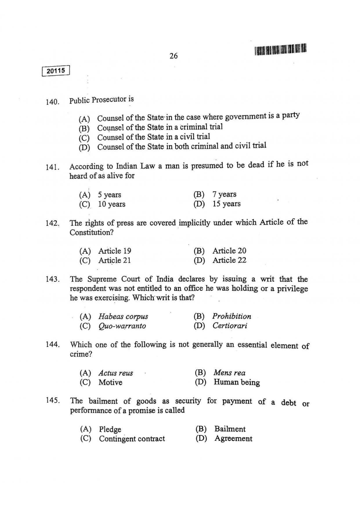 CUSAT CAT 2015 BBA & LLB (Hons) Question Paper - Page 27