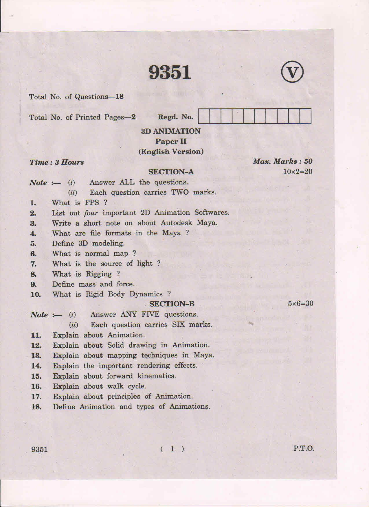 AP Inter 2nd Year 3D Animation-II March-2019-Vocational Question Paper - Page 1