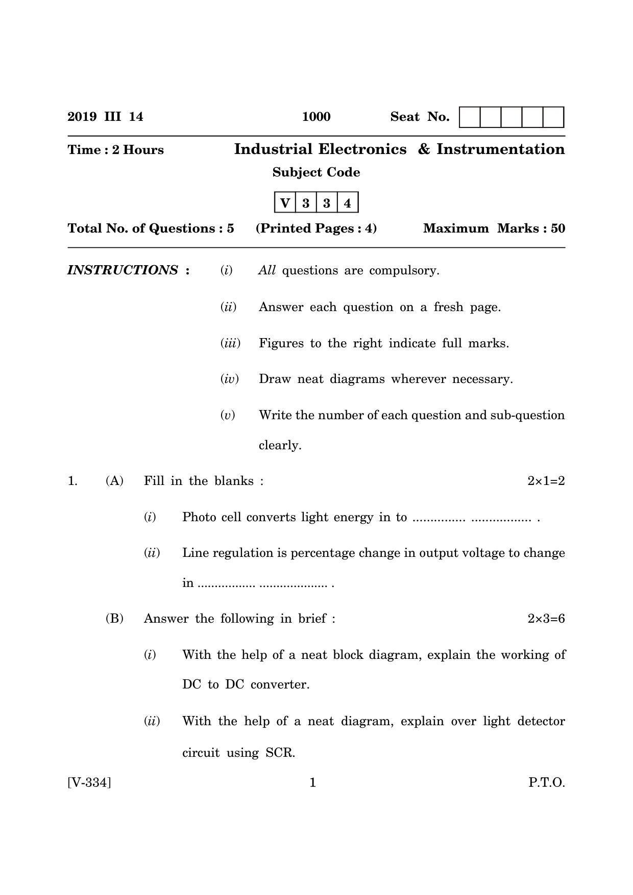 Goa Board Class 12 Industrial Electronics & Instrumentation  2019 (March 2019) Question Paper - Page 1