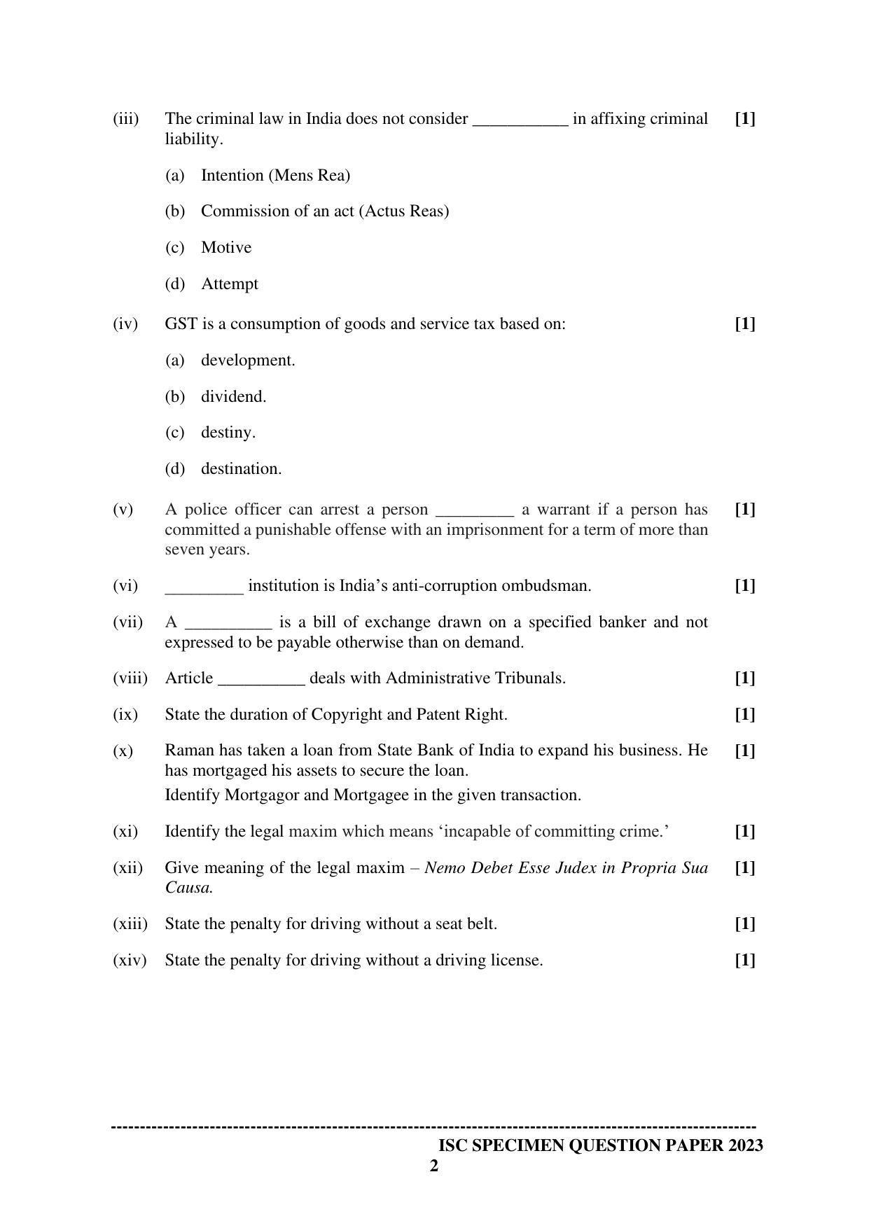 ISC Class 12 Legal Studies Sample Paper 2023 - Page 2