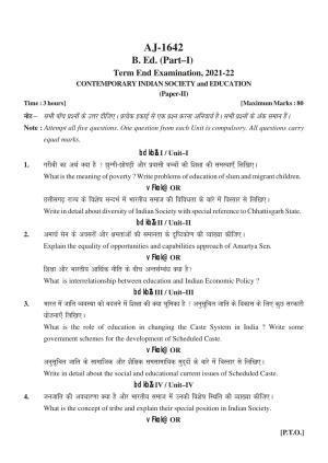 Bilaspur University Question Paper 2021-2022:Bachelor Of Education  (First Year) Contemporary Indian Society And Education Paper 1