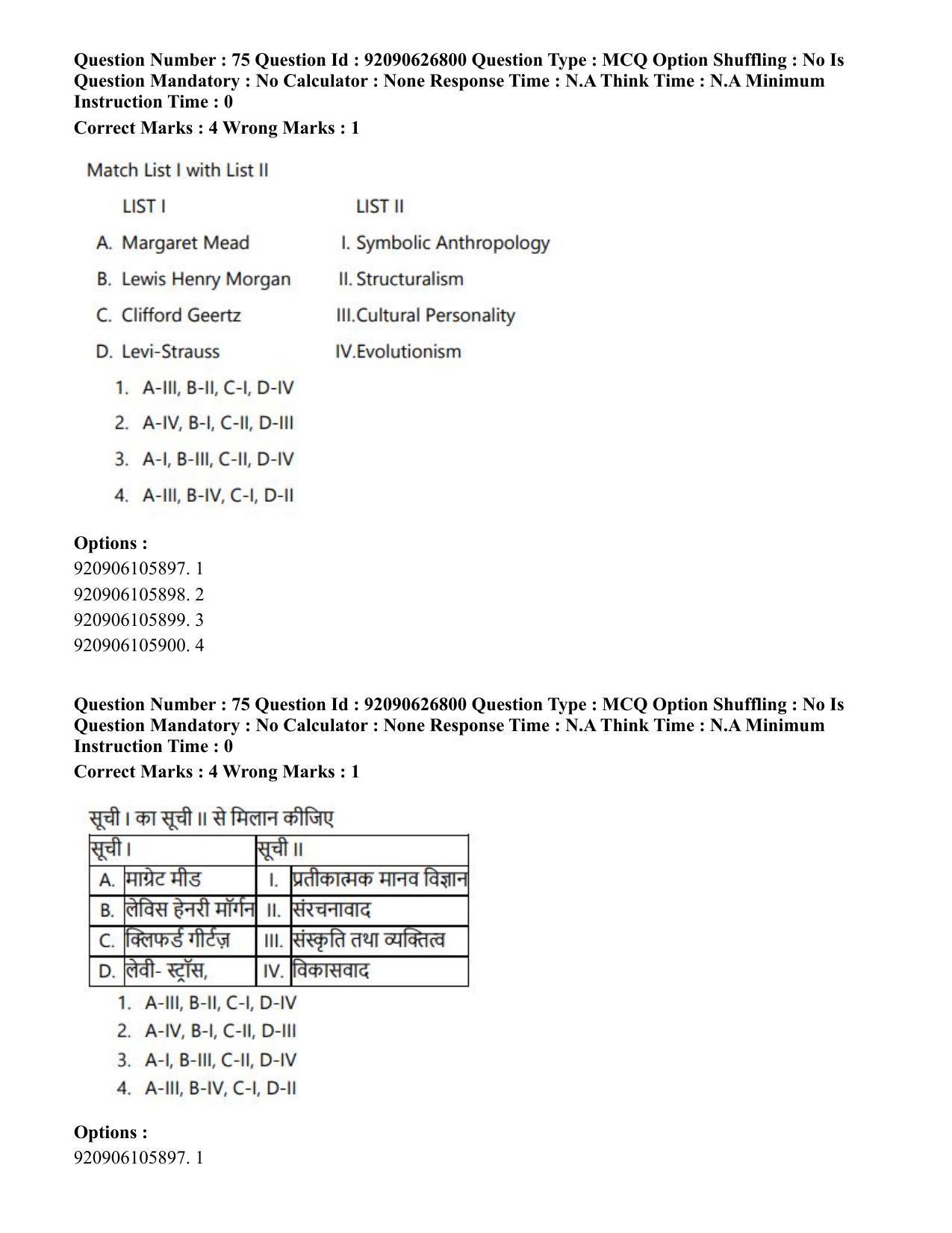 CUET PG 2023: HUQP02 – Anthropology (Hin) - Shift 2 (26-06-2023) Question Paper - Page 75