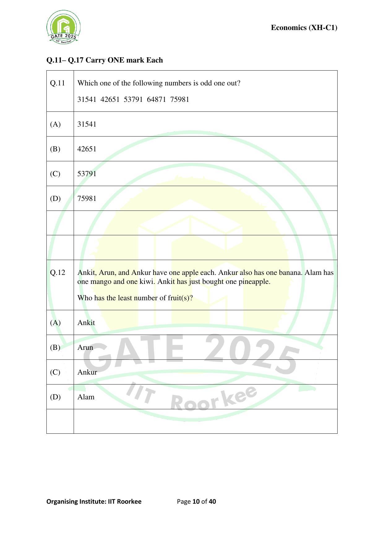 GATE 2025 Humanities & Social Sciences - Economics (XH-C1) Question Paper - Page 10