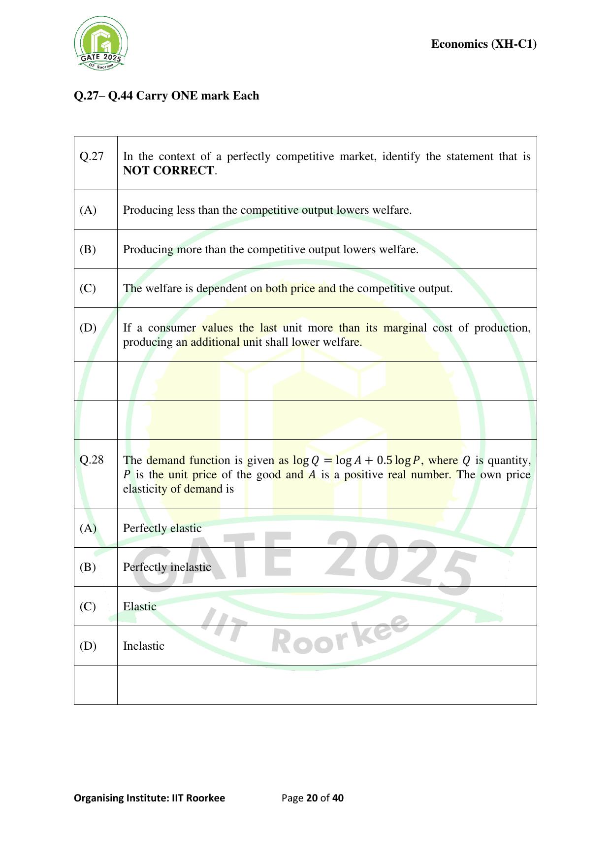 GATE 2025 Humanities & Social Sciences - Economics (XH-C1) Question Paper - Page 20