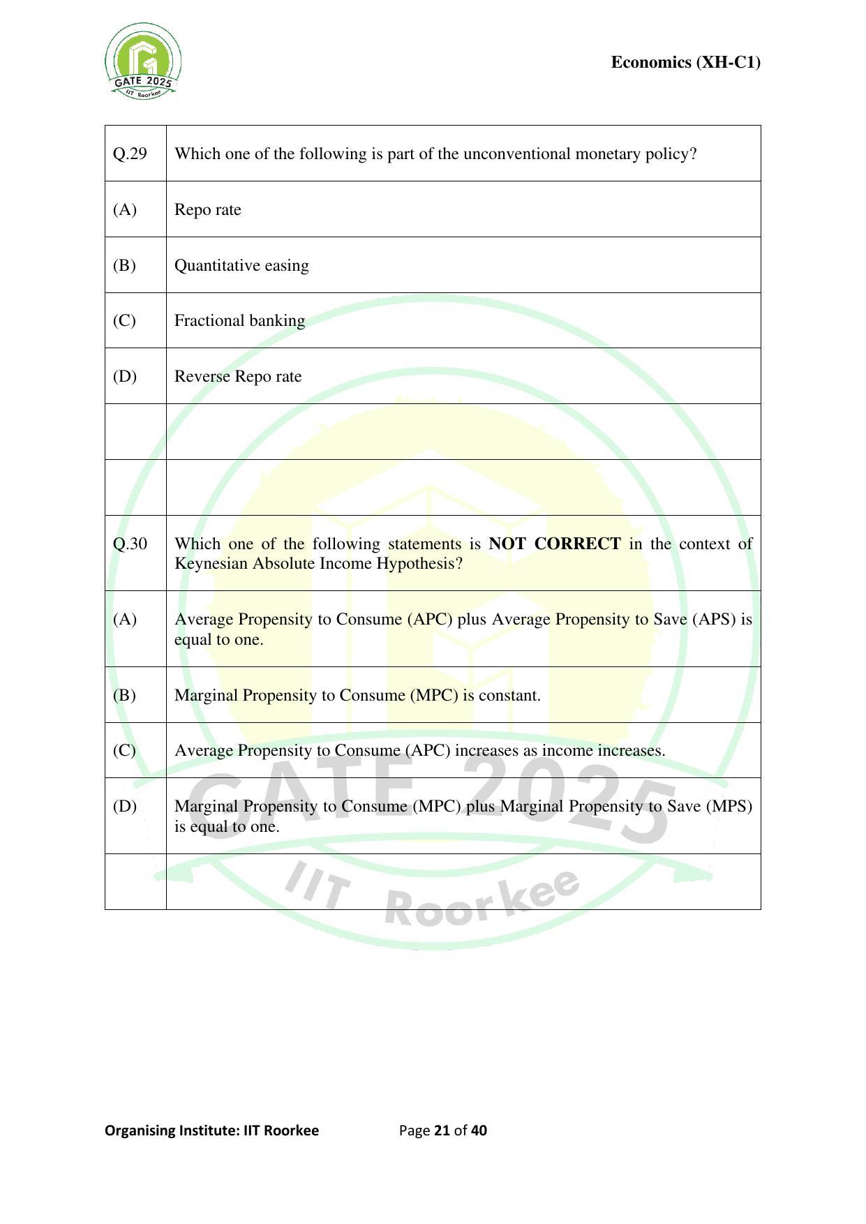 GATE 2025 Humanities & Social Sciences - Economics (XH-C1) Question Paper - Page 21