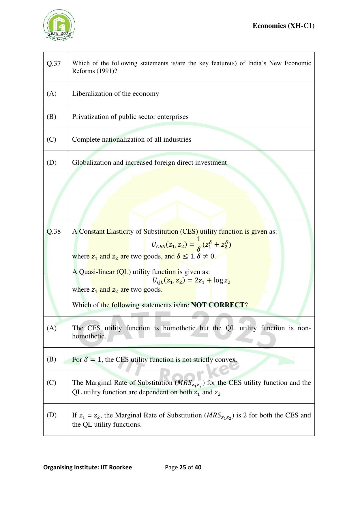 GATE 2025 Humanities & Social Sciences - Economics (XH-C1) Question Paper - Page 25