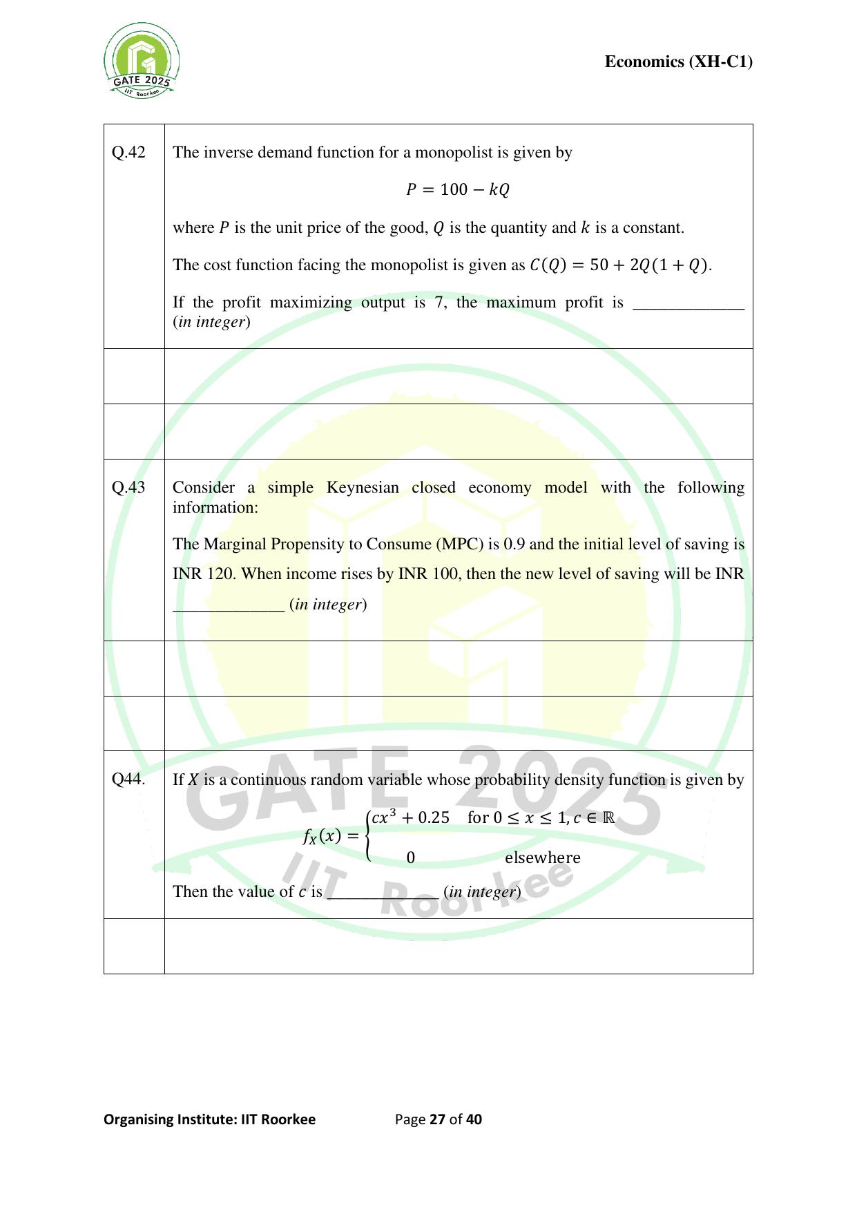 GATE 2025 Humanities & Social Sciences - Economics (XH-C1) Question Paper - Page 27