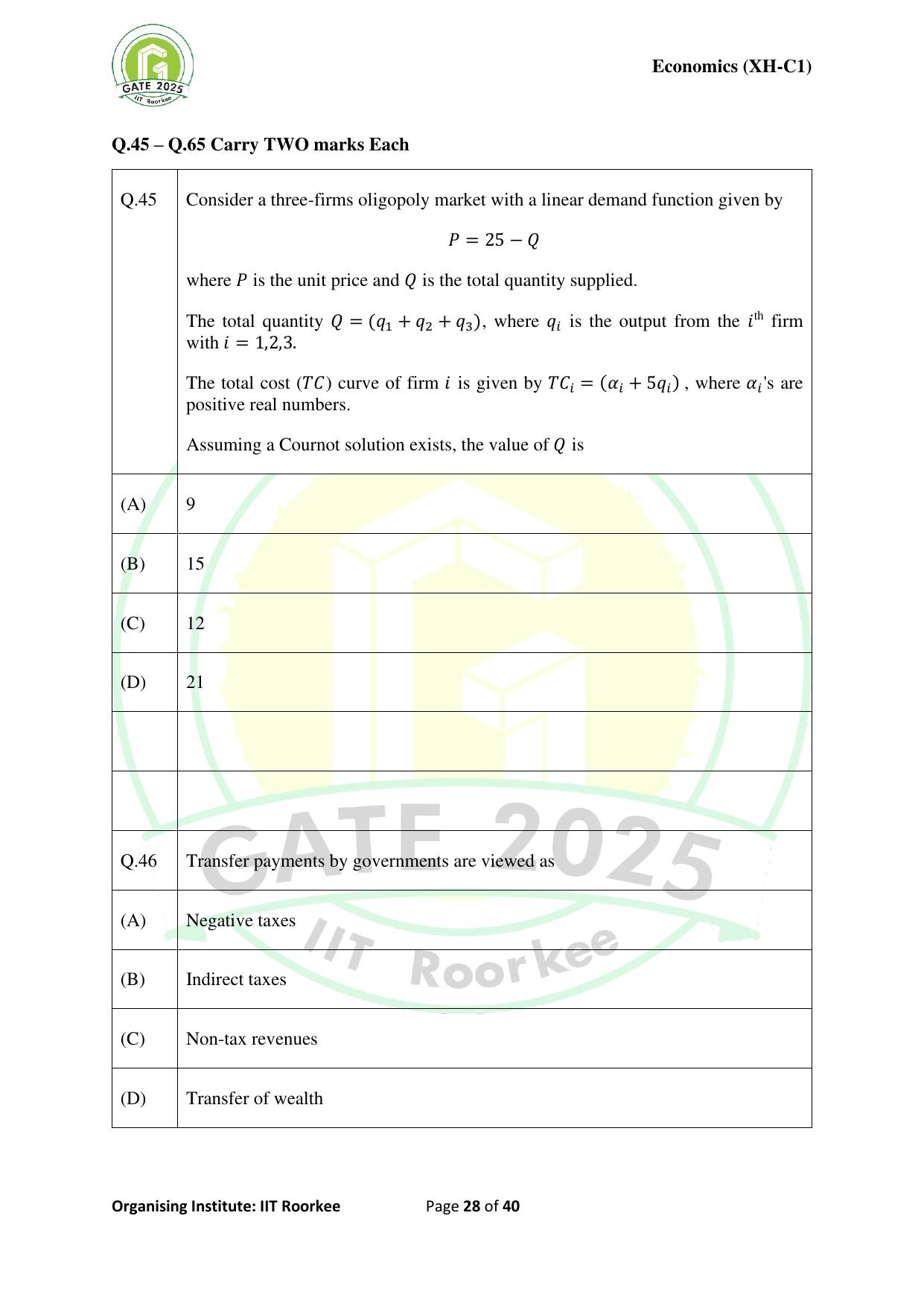 GATE 2025 Humanities & Social Sciences - Economics (XH-C1) Question Paper - Page 28