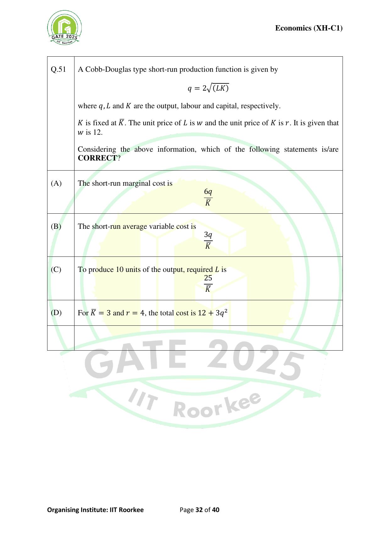 GATE 2025 Humanities & Social Sciences - Economics (XH-C1) Question Paper - Page 32