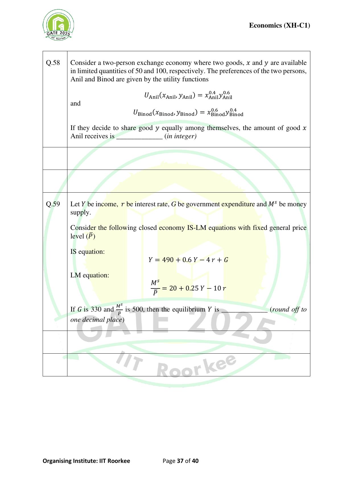 GATE 2025 Humanities & Social Sciences - Economics (XH-C1) Question Paper - Page 37