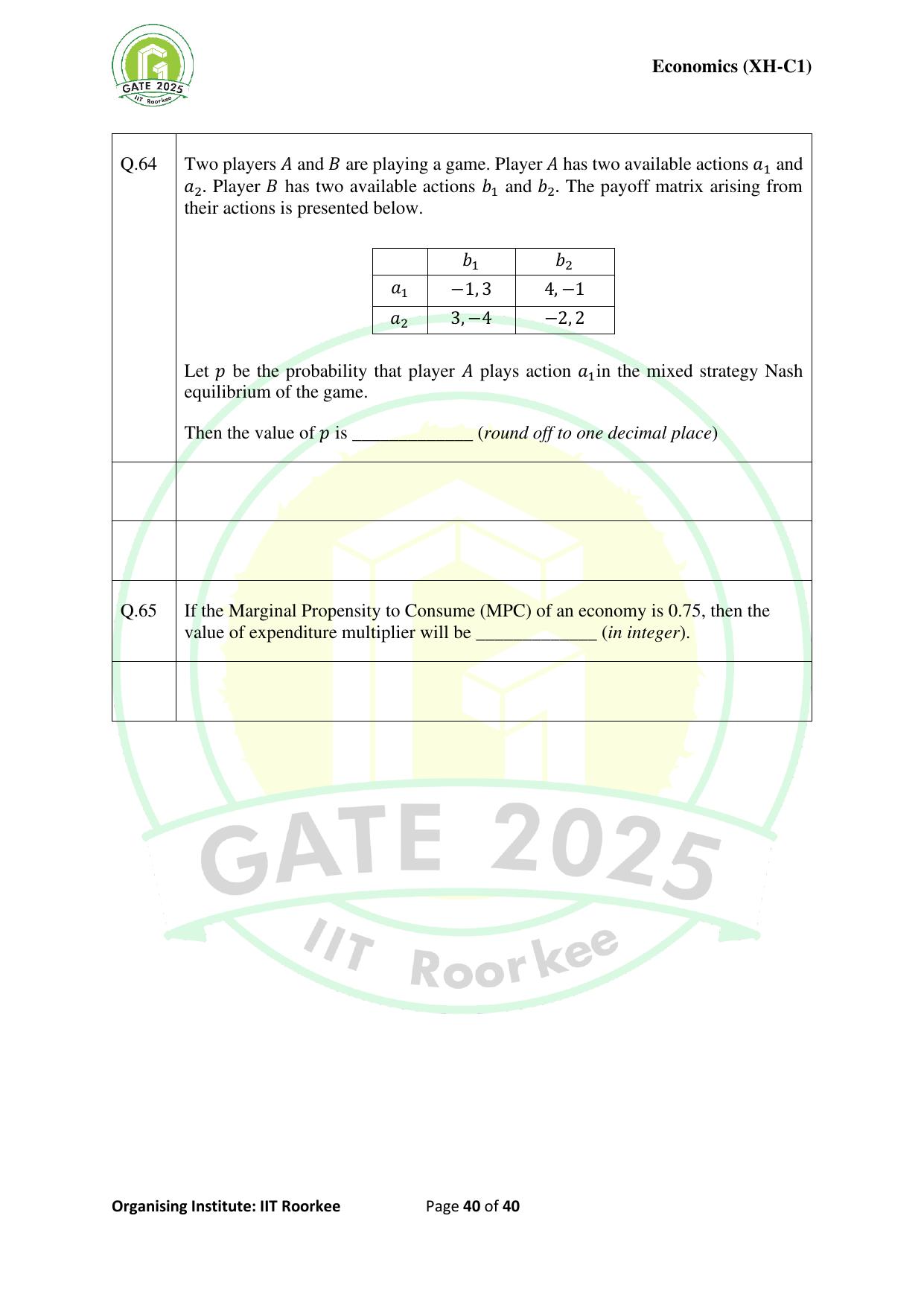 GATE 2025 Humanities & Social Sciences - Economics (XH-C1) Question Paper - Page 40