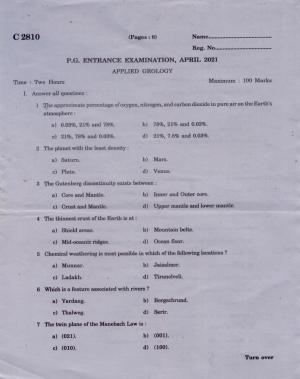 CUCAT 2021 M.Sc. Applied Geology Question Paper