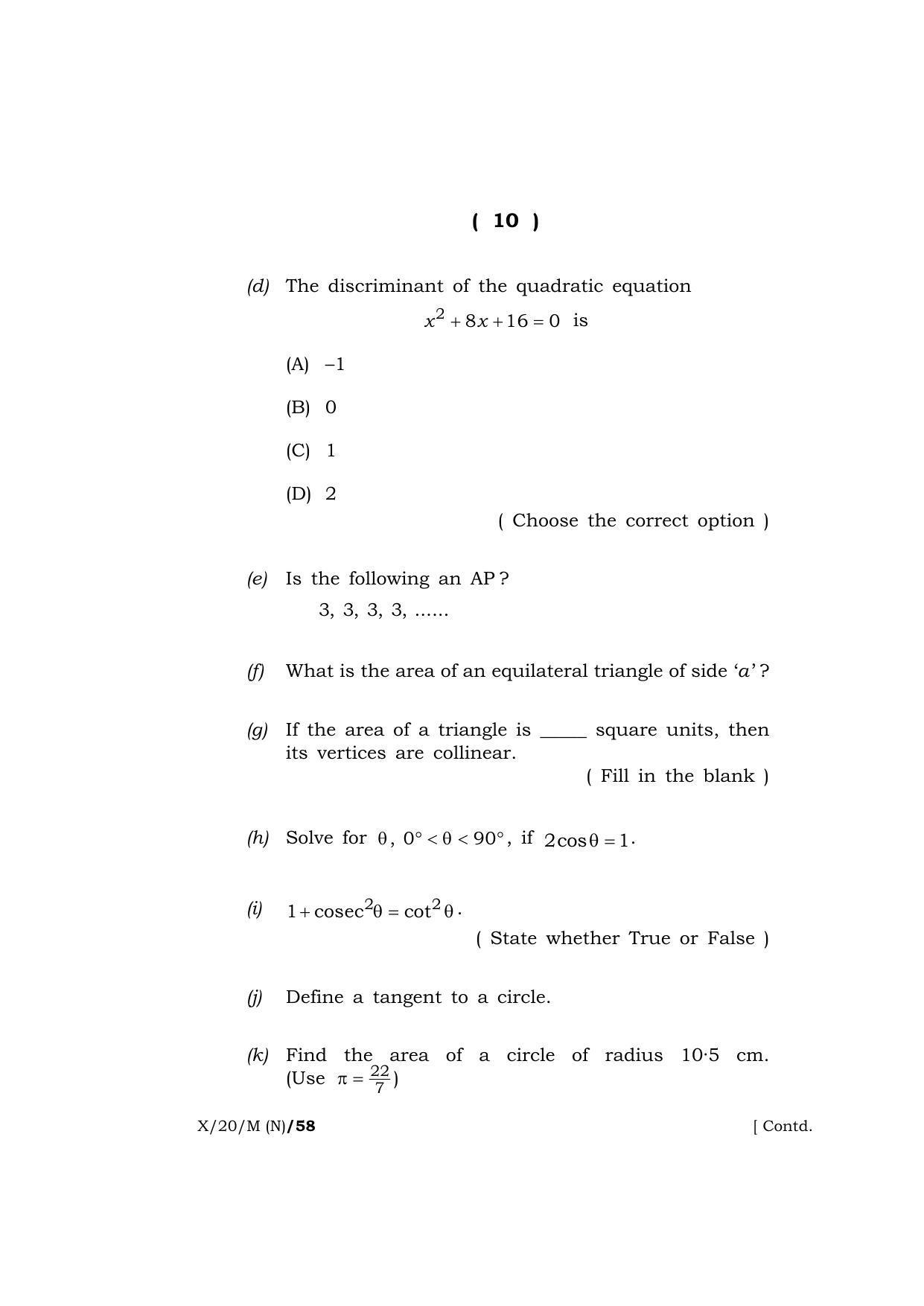 Meghalaya Board (MBOSE) Class 10 MATHEMATICS ( New Course ) 2020 Question Paper - Page 10