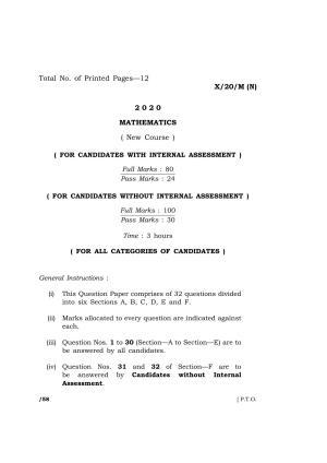 Meghalaya Board (MBOSE) Class 10 MATHEMATICS ( New Course ) 2020 Question Paper