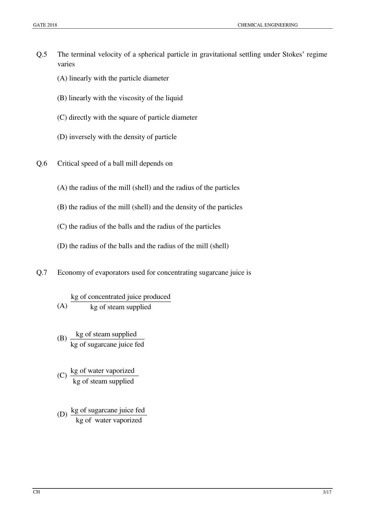 GATE 2018 Chemical Engineering (CH) Question Paper with Answer Key - Page 5