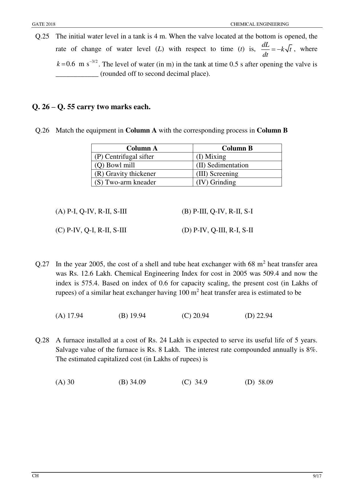GATE 2018 Chemical Engineering (CH) Question Paper with Answer Key - Page 11