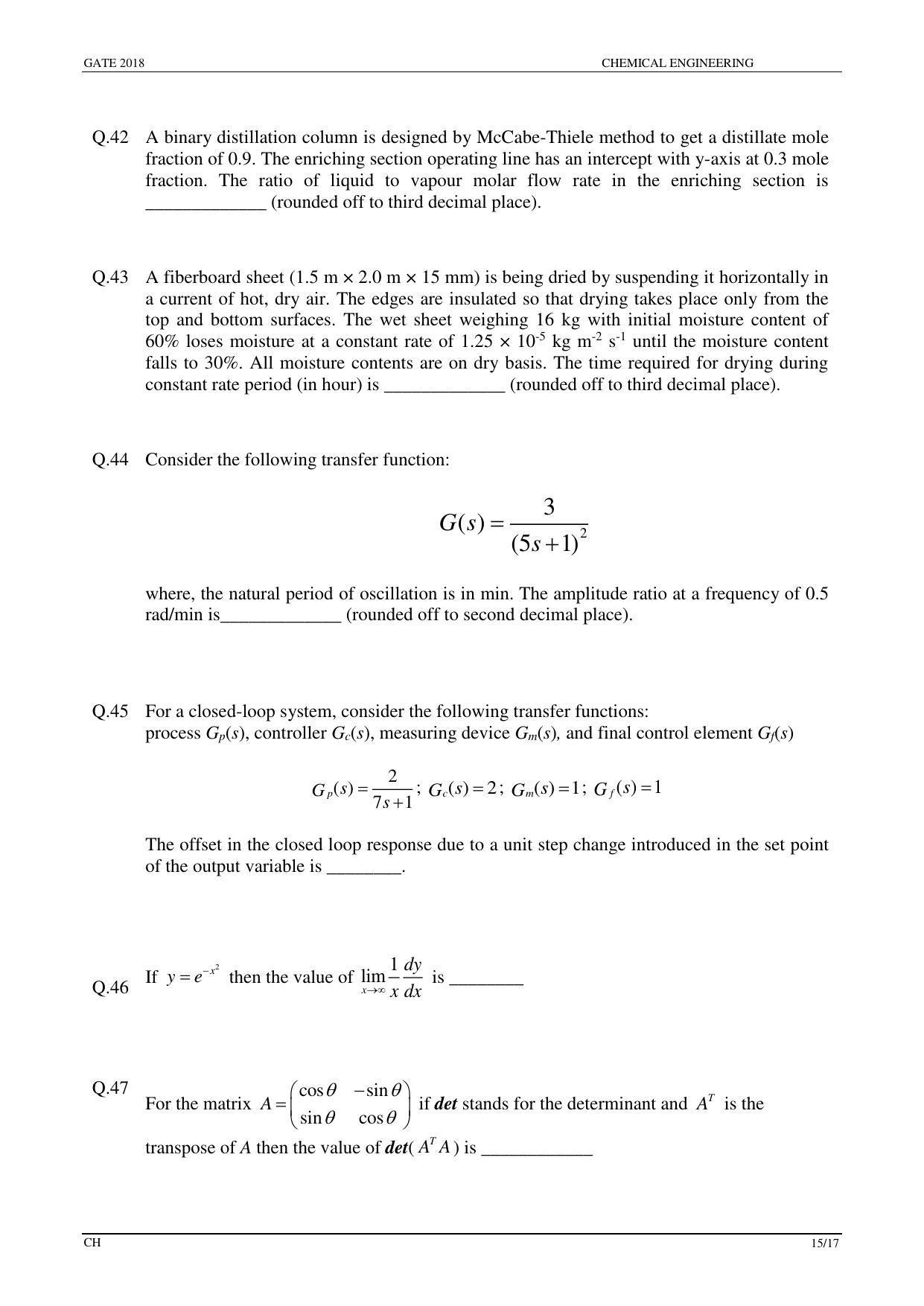 GATE 2018 Chemical Engineering (CH) Question Paper with Answer Key - Page 17