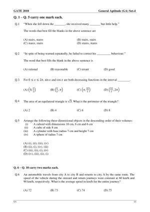 GATE 2018 Chemical Engineering (CH) Question Paper with Answer Key