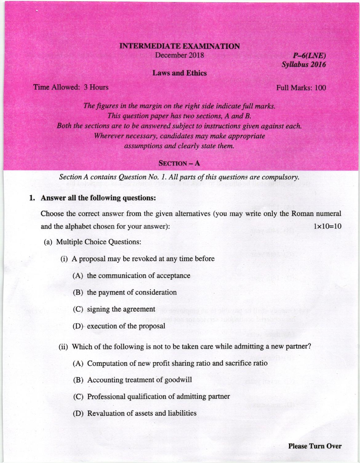 ICMAI Dec 2018 Laws and Ethics Question Paper  - Page 1