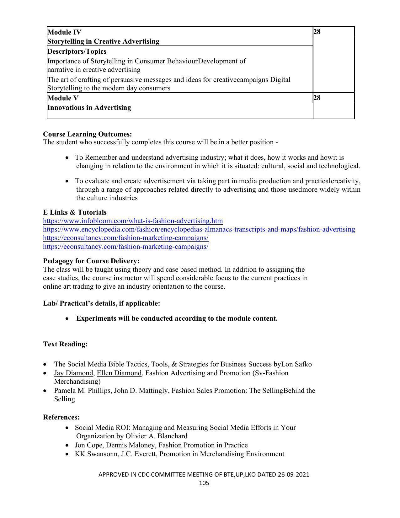 SYLLABUS FOR SEMESTER SYSTEM EFFECTIVE FROM (2021-2022) - APPAREL DESIGN AND FASHION TECHNOLOGY - Page 105