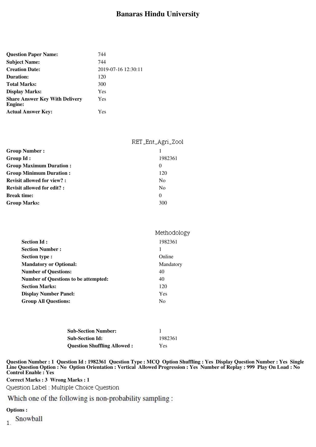 BHU RET Ent Agri Zool 2019 Question Paper - Page 1