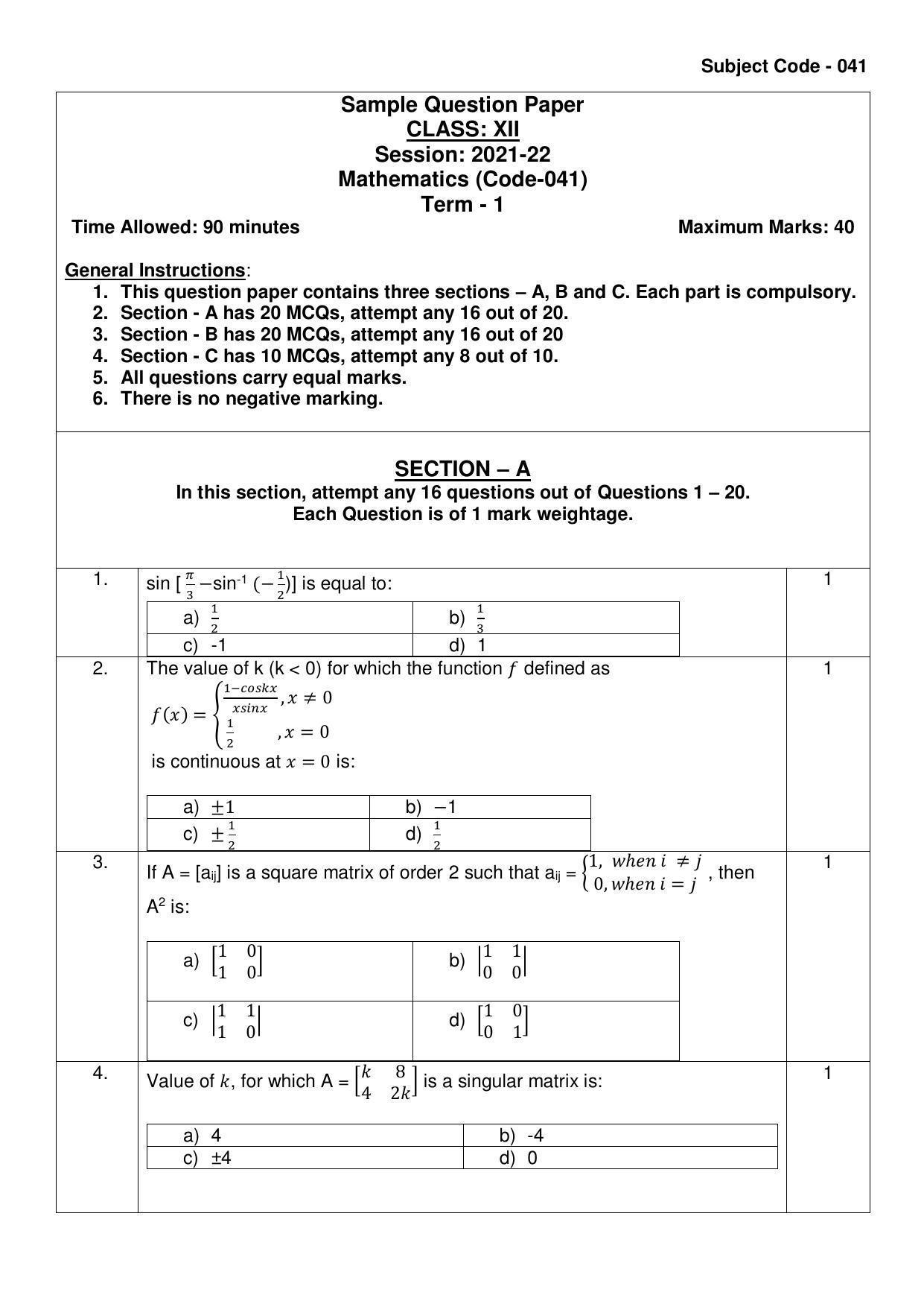 CBSE Class 12th Mathematics Sample Question Paper 2021-22 - Page 1