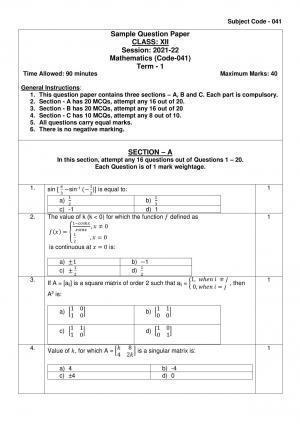 CBSE Class 12th Mathematics Sample Question Paper 2021-22