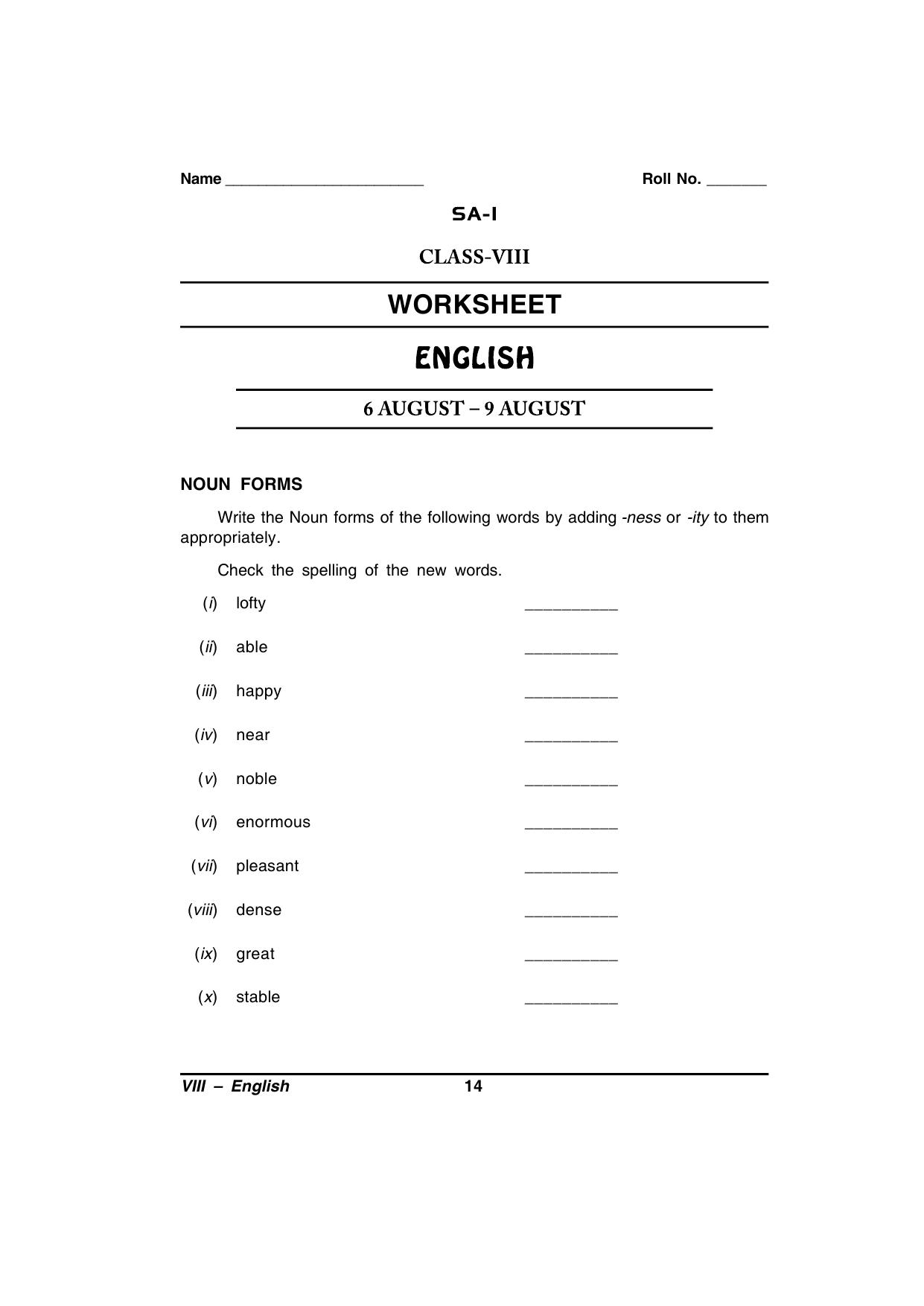 CBSE Worksheets for Class 8 English Assignment 74 - Page 1
