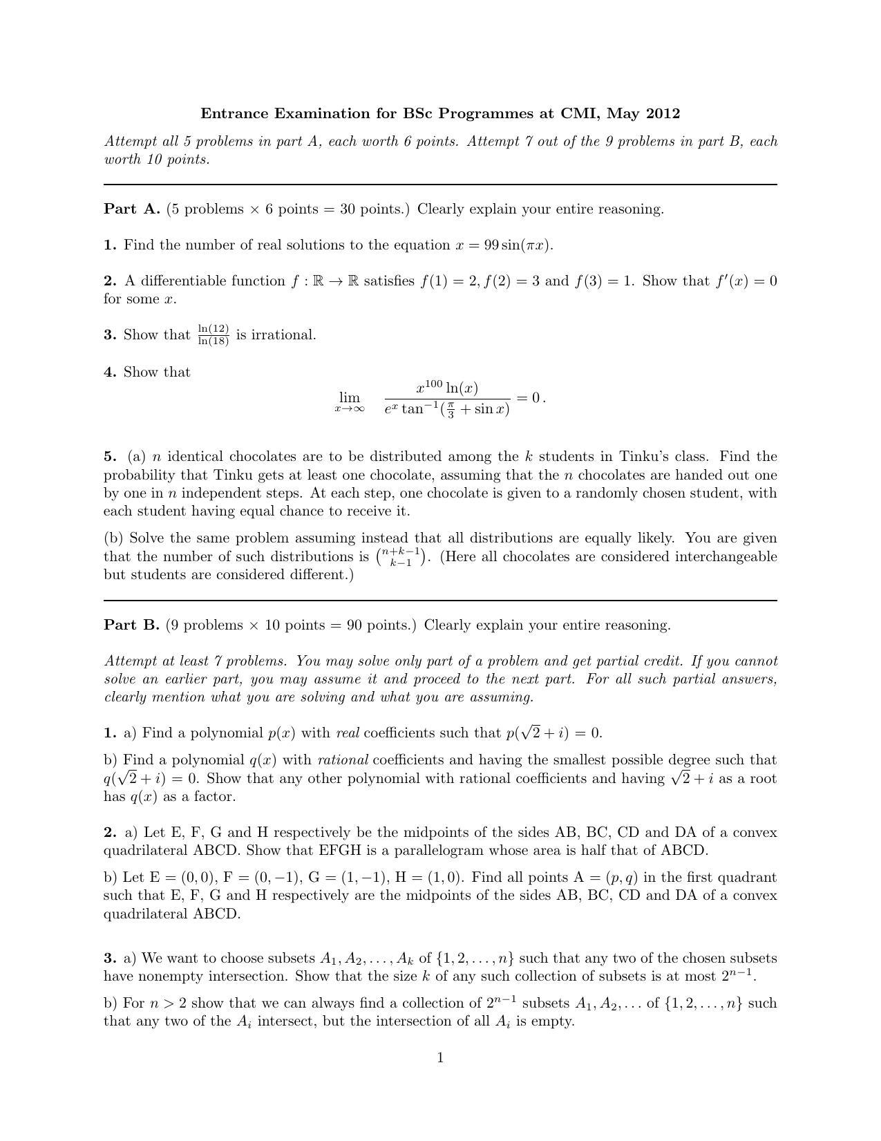 CMI Entrance Exam 2012 Question Paper B.Sc (Hons.) Mathematics and Computer Science - Page 1