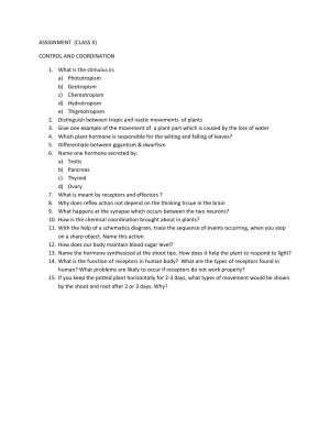 CBSE Worksheets for Class 10 Biology Control And Co-Ordination Assignment 1