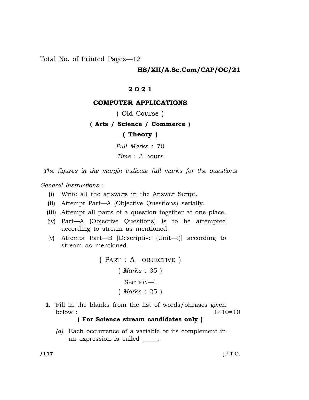 Meghalaya Board (MBOSE) Class 12 COMPUTER APPLICATIONS (Old Course) (HS-XII-A.Sc.Com-CAP-OC-21) 2021 Question Paper - Page 1