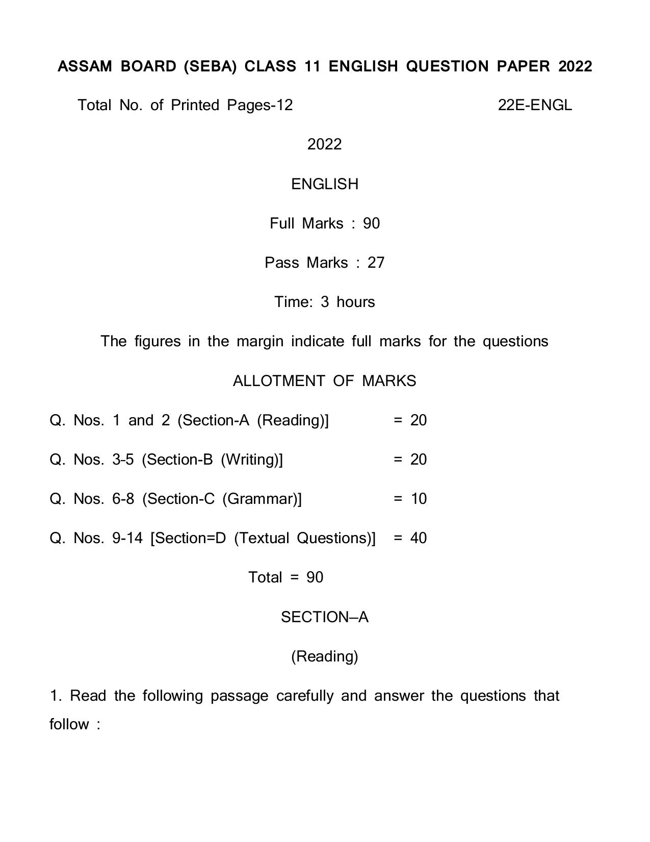 AHSEC Class 11 English 2022 Question Paper - Page 1