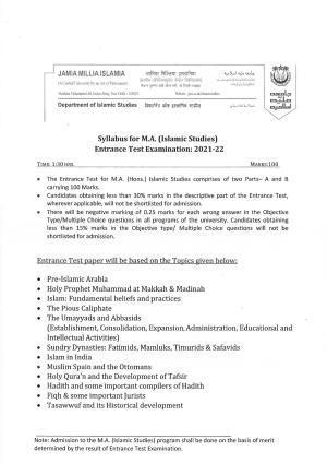 JMI Entrance Exam M02-M.A. (Islamic Studies) Syllabus