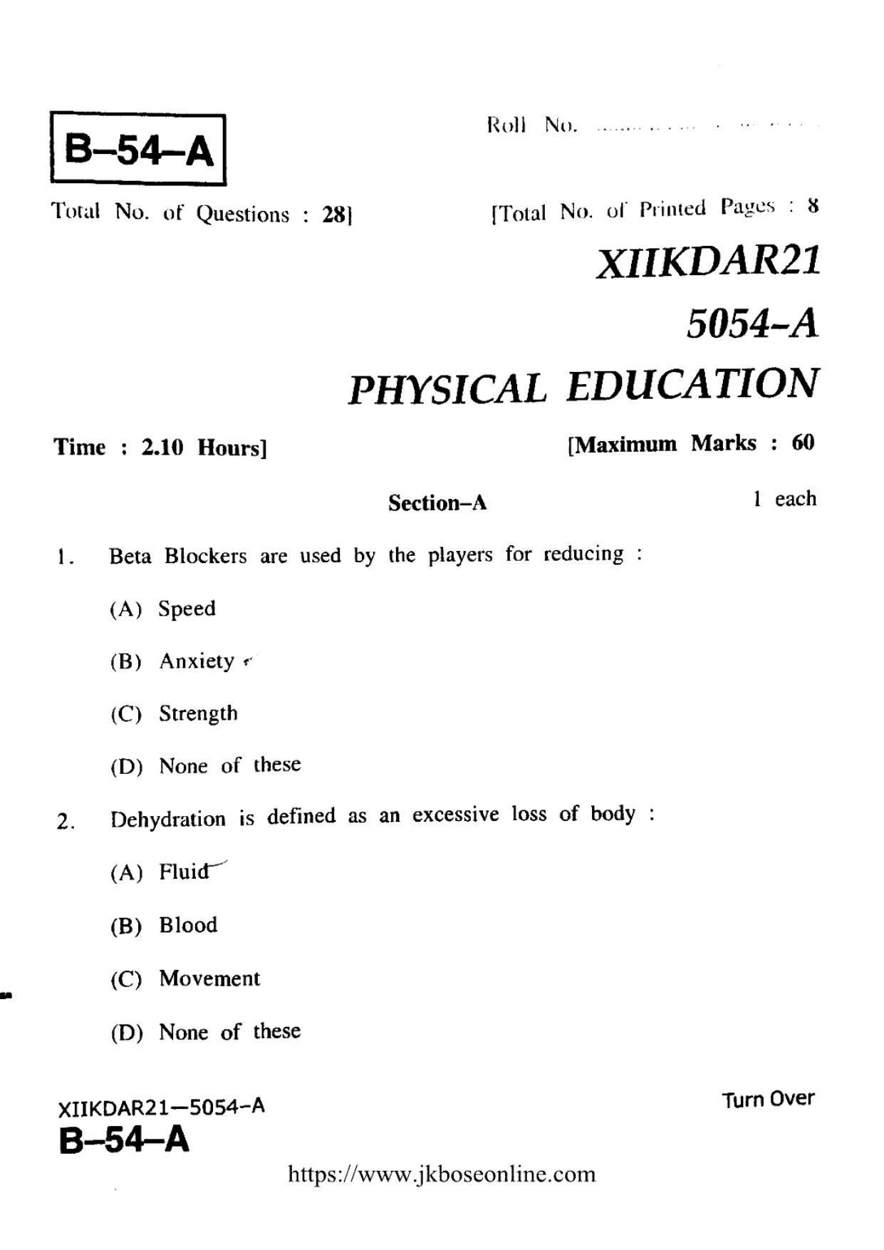 JKBOSE Class 12 Physical-Education 5054-A Question Papers 2021 - Page 1