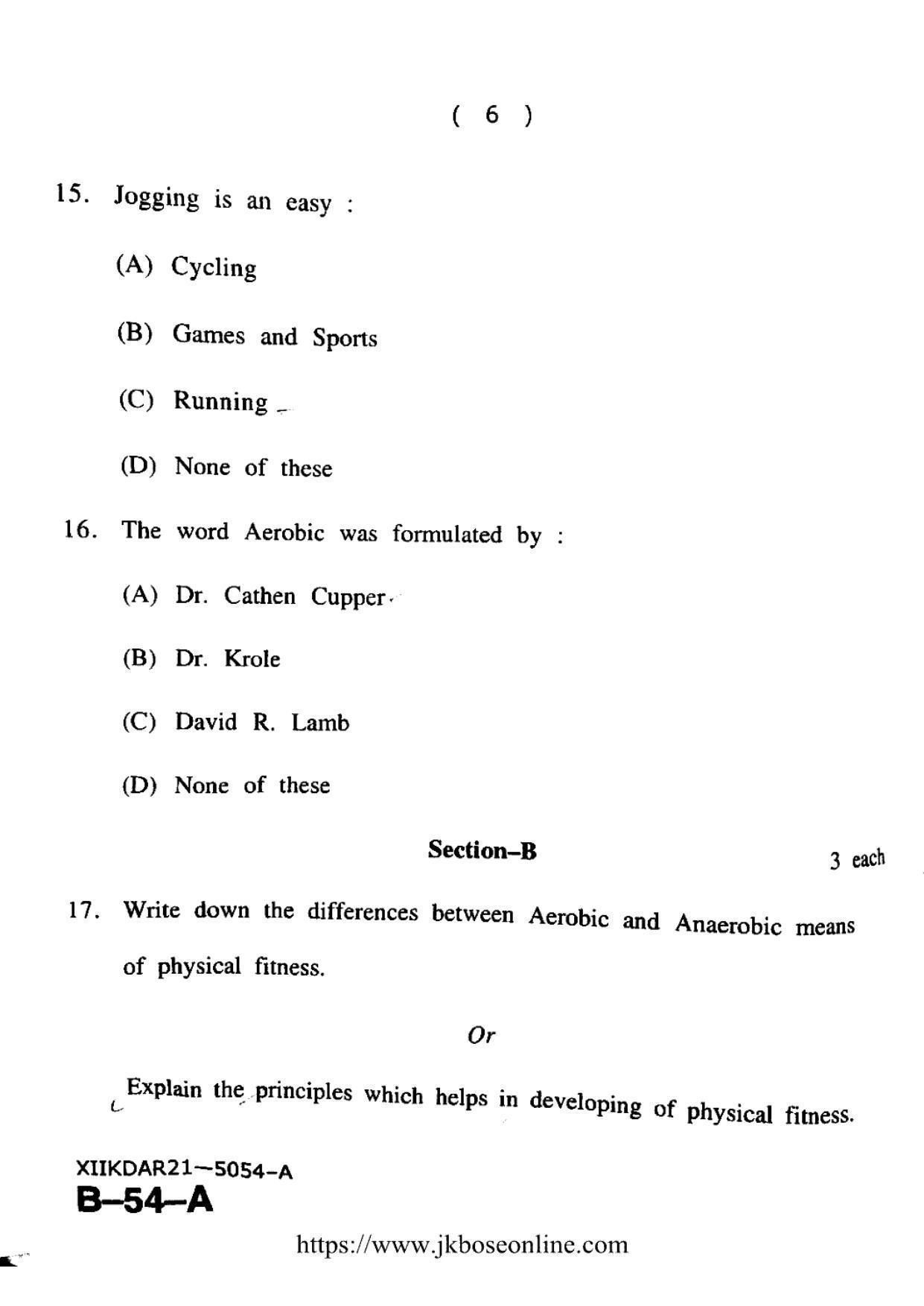 JKBOSE Class 12 Physical-Education 5054-A Question Papers 2021 - Page 6
