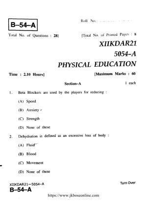 JKBOSE Class 12 Physical-Education 5054-A Question Papers 2021