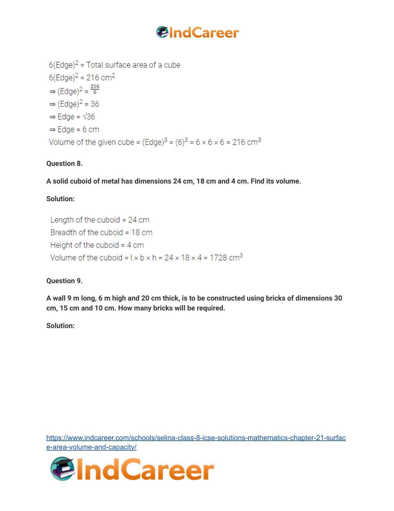 Selina Class 8 ICSE Solutions Mathematics : Chapter 21- Surface Area, Volume and Capacity - Page 9