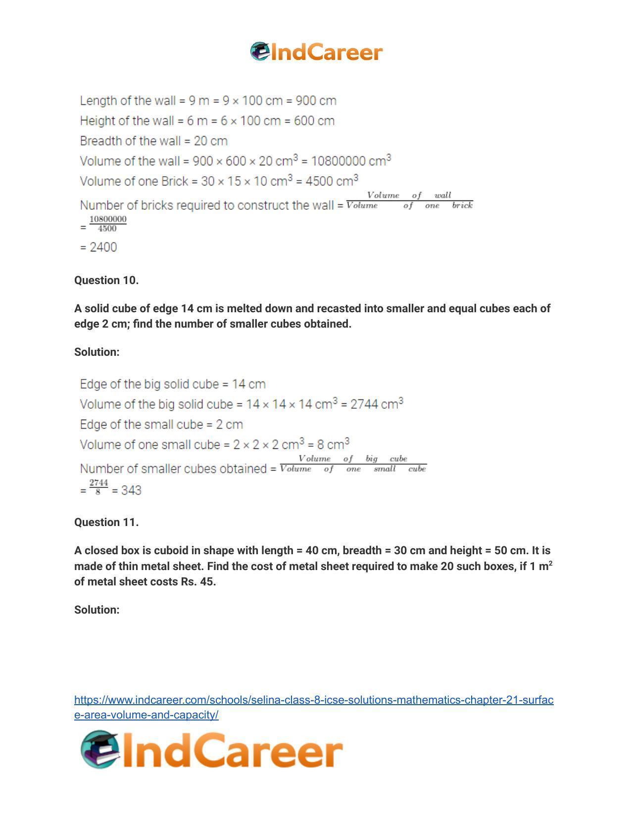 Selina Class 8 ICSE Solutions Mathematics : Chapter 21- Surface Area, Volume and Capacity - Page 10