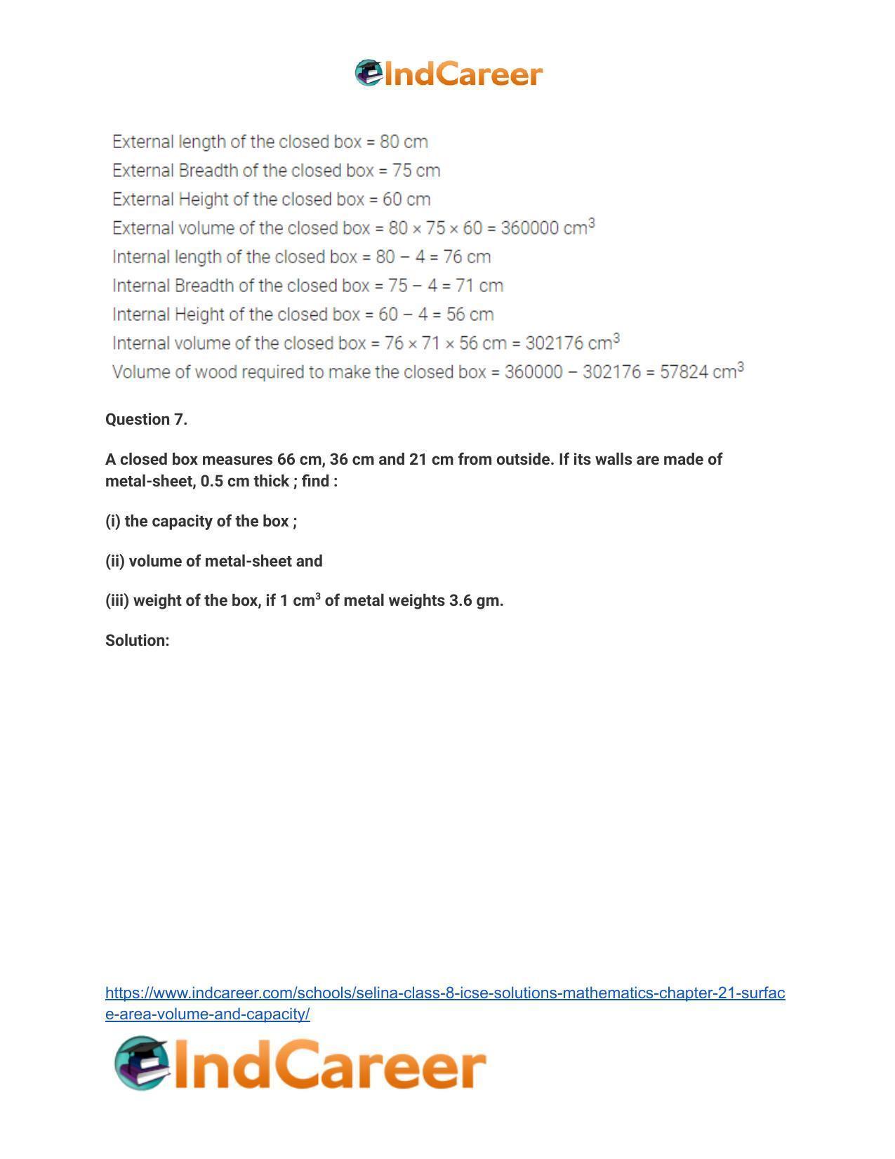Selina Class 8 ICSE Solutions Mathematics : Chapter 21- Surface Area, Volume and Capacity - Page 18