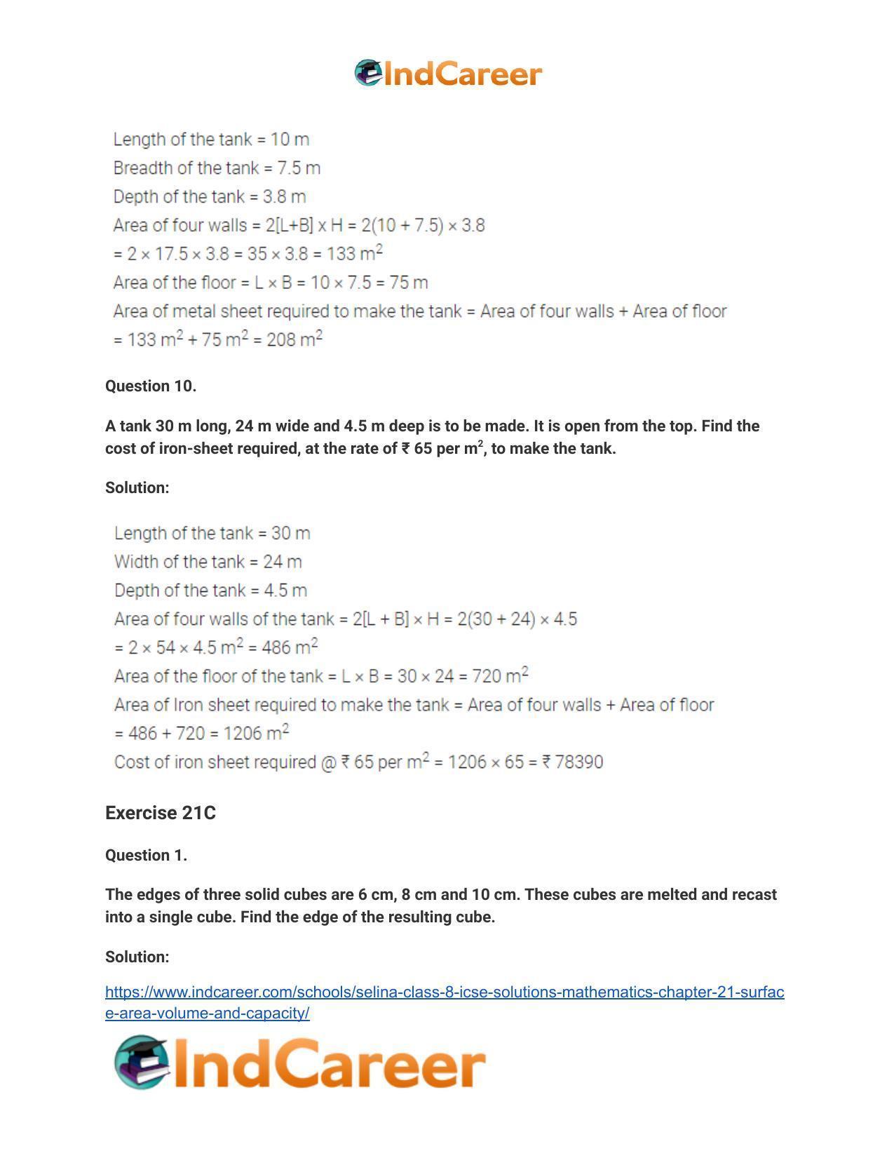 Selina Class 8 ICSE Solutions Mathematics : Chapter 21- Surface Area, Volume and Capacity - Page 21