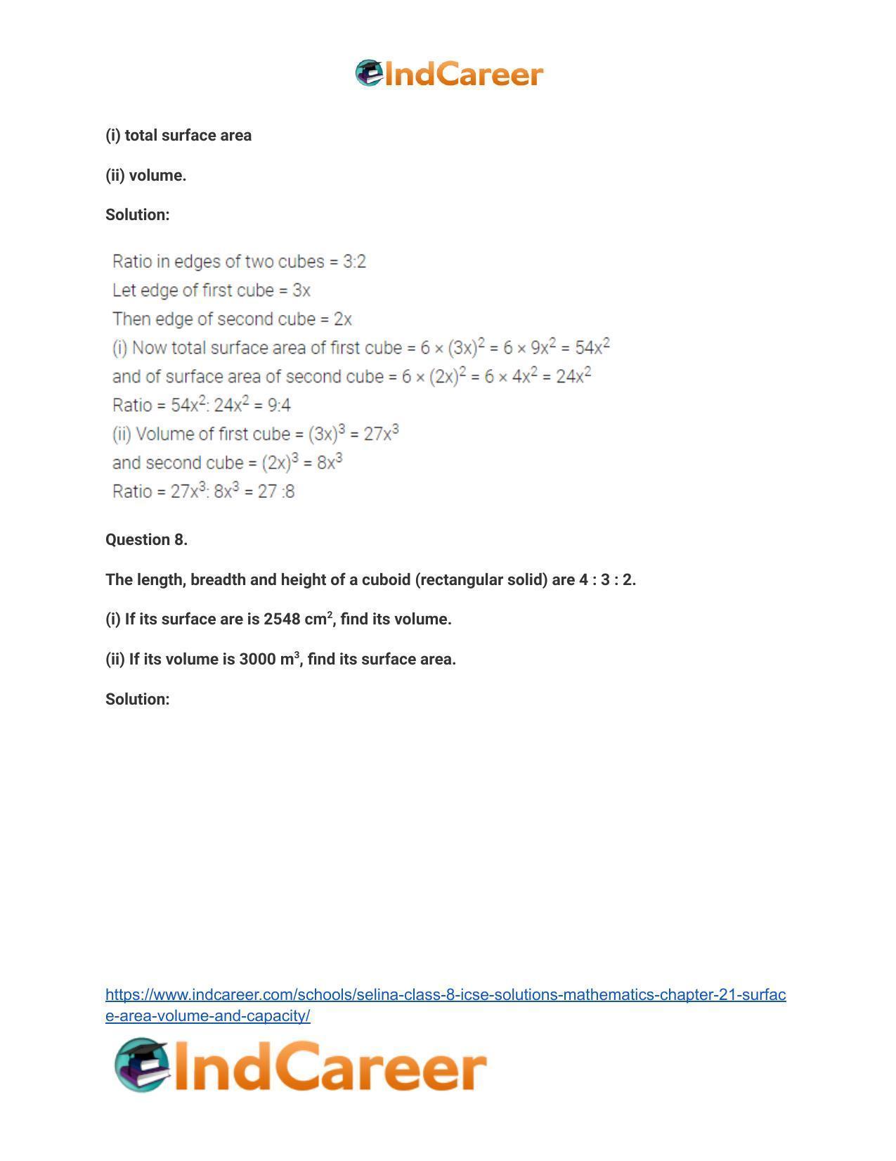 Selina Class 8 ICSE Solutions Mathematics : Chapter 21- Surface Area, Volume and Capacity - Page 26
