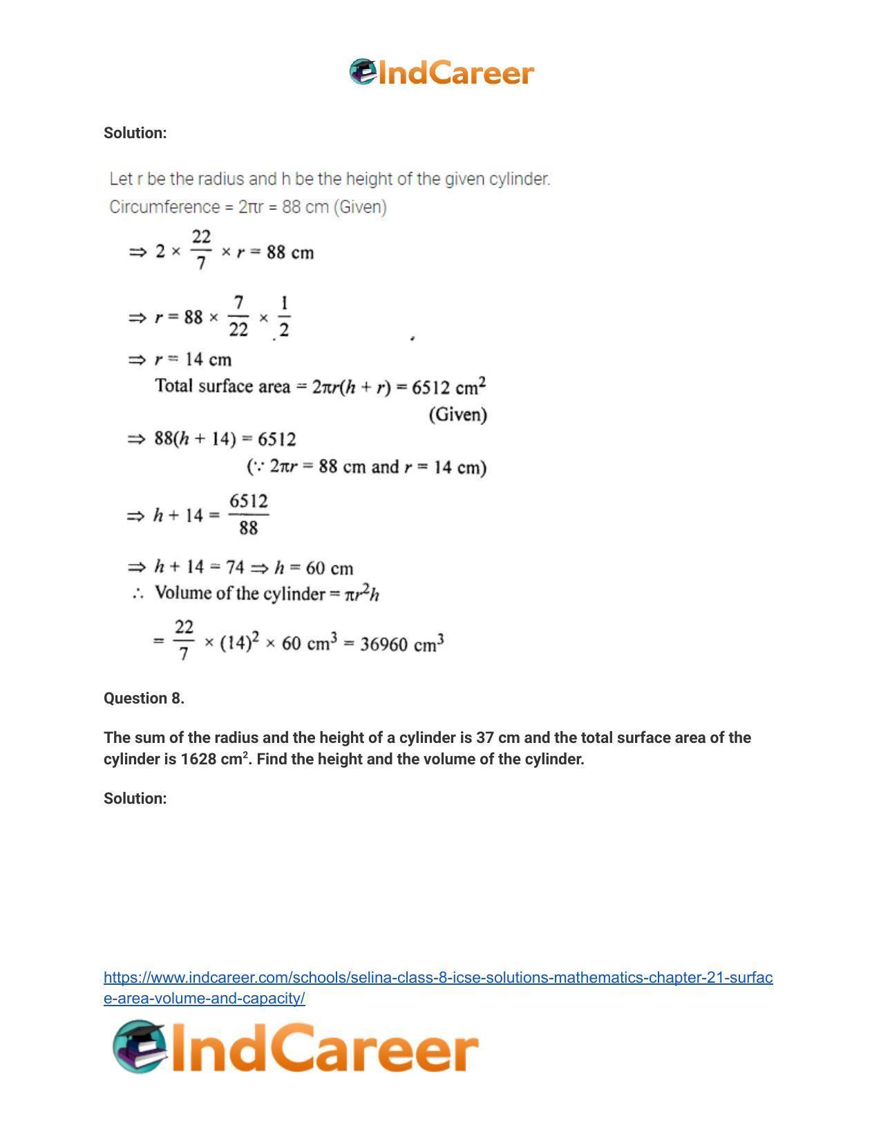 Selina Class 8 ICSE Solutions Mathematics : Chapter 21- Surface Area, Volume and Capacity - Page 32