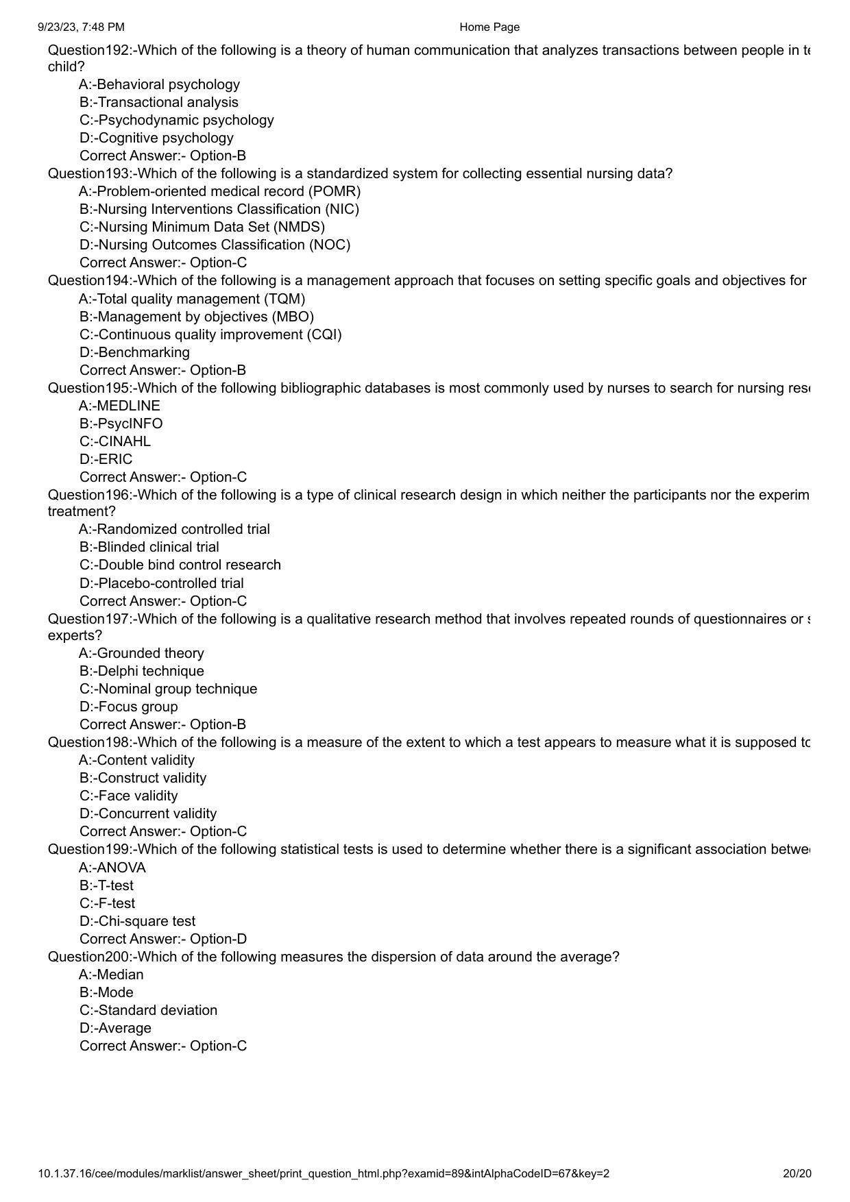 Kerala PG Nursing 2023 Question Paper with Answer Key - Page 20