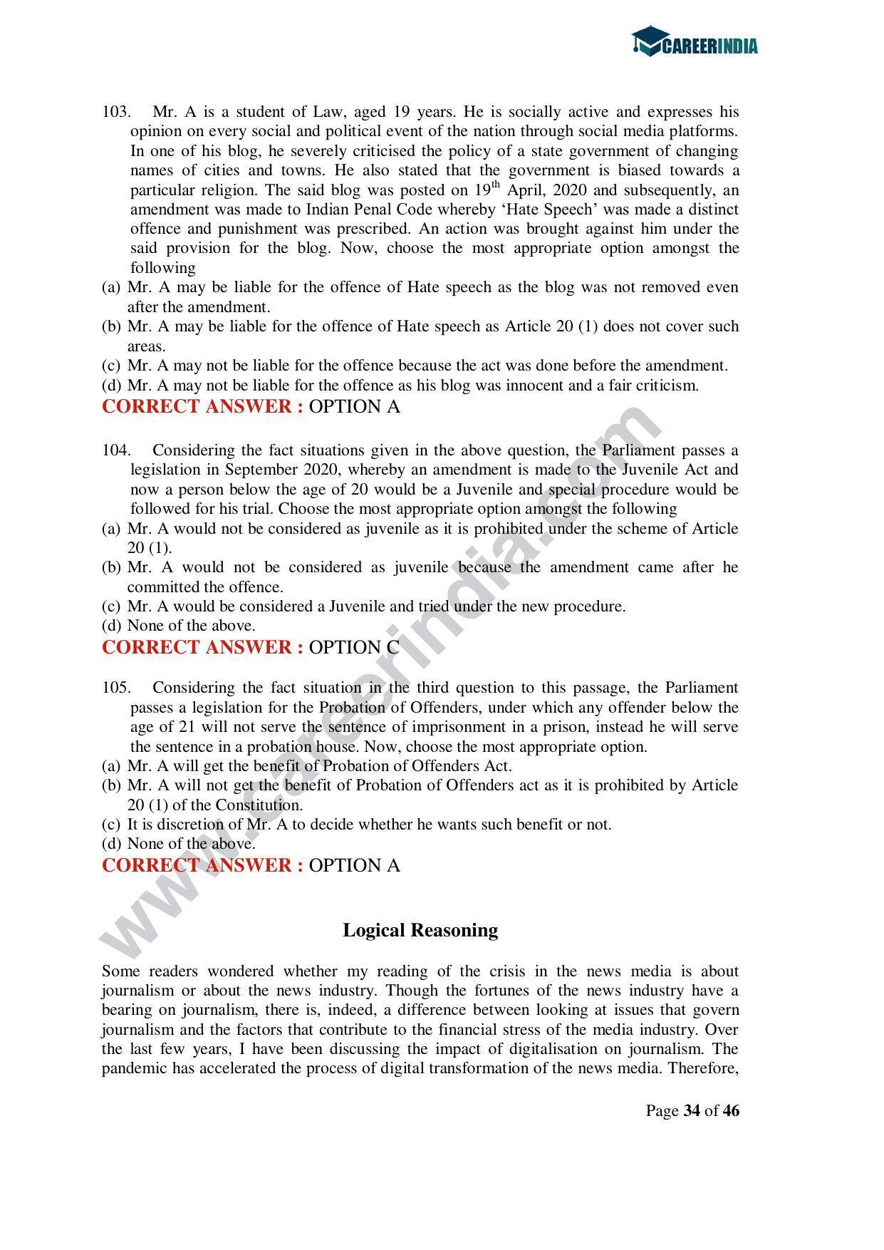 CLAT 2020 UG Question Paper - Page 34